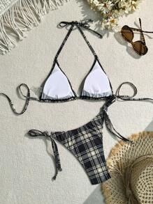 SHEIN Swim 女士格紋領結性感比基尼套裝，適用於假期 - 彩色 - 查看 2