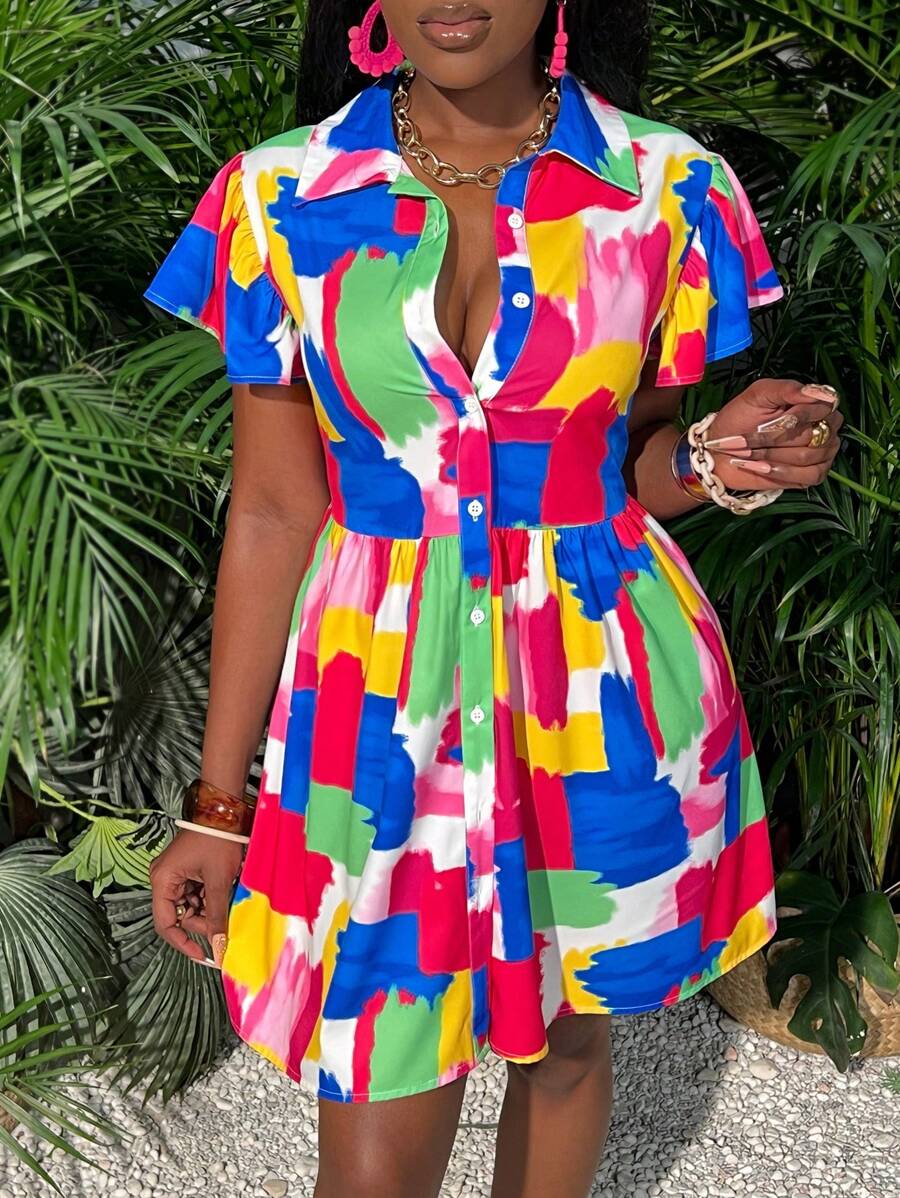 Slaydiva 新款假日時尚短袖印花迷你連衣裙 - Z - 彩色 - 查看 1