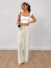 SHEIN PETITE 女款麻質高腰寬鬆夏季褲子 - 米色 - 查看 6