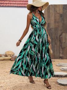 Women'S Feather Print V-Neck Cross Back Strap Long Dress - Multicolor - View 3