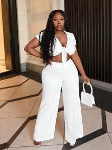 Slaydiva Conjunto casual de top corto con mangas, cuello en V y detalle de nudo, y pantalones rectos con solapa - B