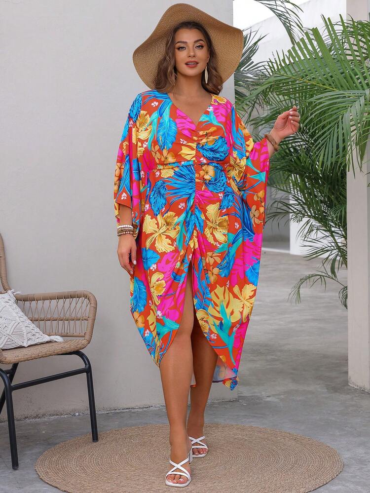Plus Size V-Neck Full Print High-Low Hem Dress With Front Slit Up To Thigh