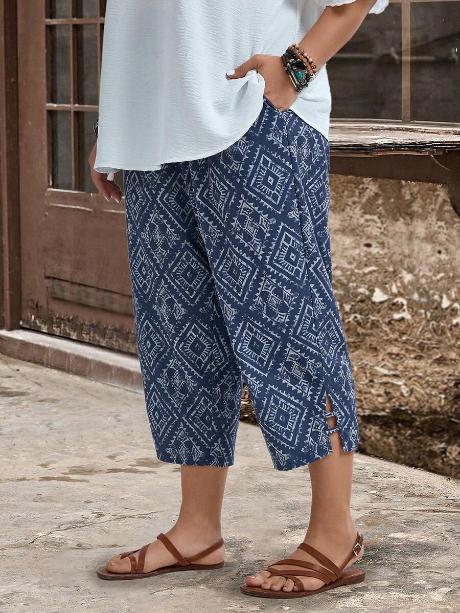 EMERY ROSE Plus Size Women's Vent Pockets Geometry Graphic Graphic Vintage Printed Casual Loose Vacation Summer Pants