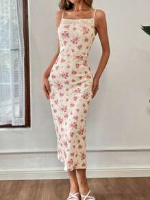 SHEIN VCAY Women's Romantic Ditsy Floral Collar & Contrast Lace Dress For Vacation