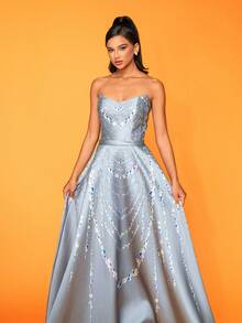 Smilprince Longo Elegante High-End Gracioso Pérola Corrente Impresso Maxi Flared Hem Strapless Formal Evening Gown - Cinza - Ver 3