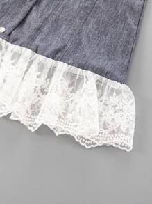 SHEIN 少女夏季牛仔效果拼接蕾丝无袖连衣裙，前开扣 - 黑色 - 查看 4