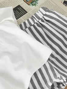 SHEIN Baby Boy Solid Color Hooded Top And Striped Shorts Set, Casual