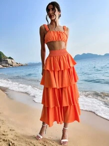 Firerie Bộ đồ đi biển 2 món: Áo xếp ly phần ngực và chân váy xòe. - trái cam - Xem 3