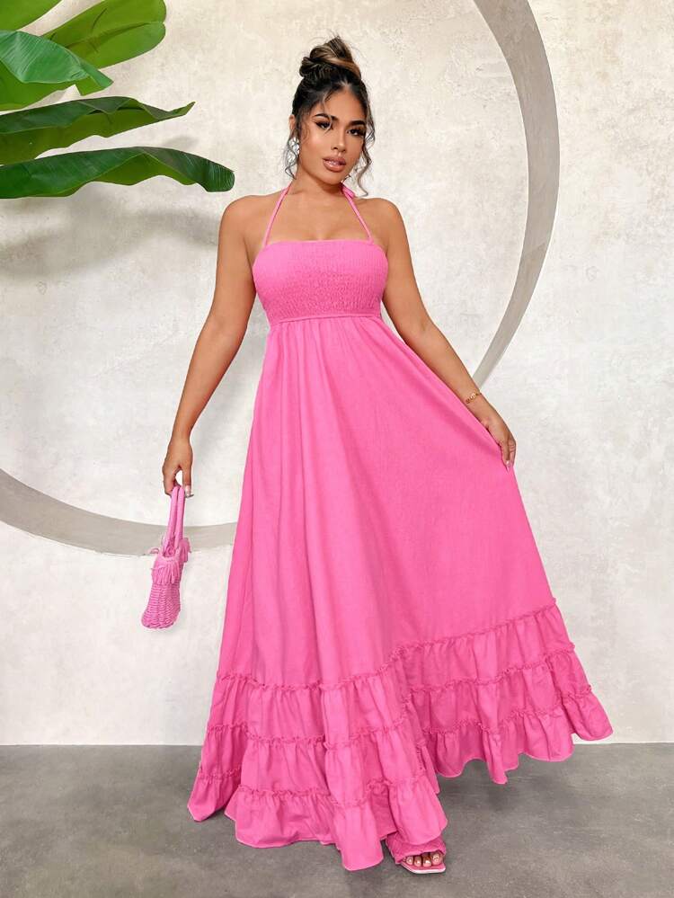 Women's Pink Chiffon Strappy Backless Dress For Wedding Guests And Summer Vacation