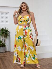 SHEIN VCAY Conjunto de 2 piezas elegante y suelto para mujeres con talla grande: Top de tirantes con estampado floral y detalle de lazo y pantalón de pierna ancha para las vacaciones de verano - Multicolor - Ver 6