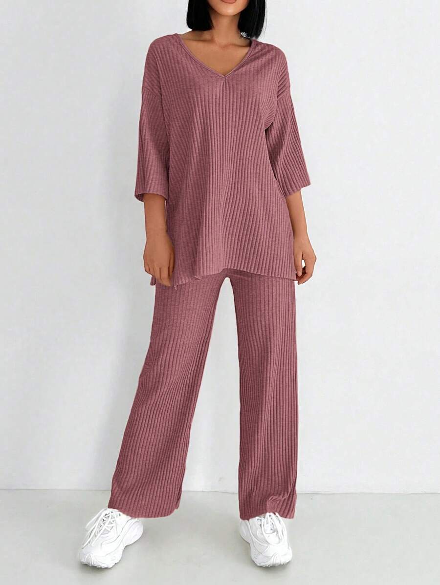 EURMUSE Women's V-Neck Drop Shoulder Sleeve T-Shirt And Pants Two Piece Set - Pink - View 1