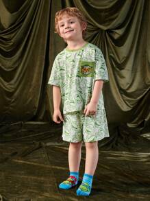 TEENAGE MUTANT NINJA TURTLES | SHEIN 少年白/綠色可愛綜合印花休閒圓領短袖T恤和短褲睡衣套裝 - 彩色 - 查看 6