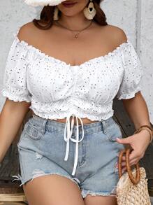 SHEIN VCAY 大码波西米亚风宽松夏季假日白色针织刺绣抽绳露肩女士上衣适合约会和节日 - 白色 - 查看 6