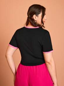 GARFIELD | SHEIN Plus Size Casual Hoạt Hình Dễ Thương Và Khẩu Hiệu In Bó Sát Tay Ngắn Ringer Áo Thun Viền Cong, Mùa Hè - màu đen - Xem 2