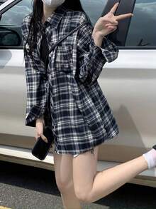 休闲格子长袖宽松衬衫 - 藏蓝色 - 查看 3