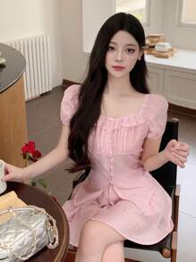 DAZY 女士方领短袖两件套，荷叶边 - 粉色 - 查看 3