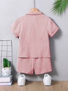 SHEIN 2 件套年轻男孩休闲简约学院风 100% 纯棉短袖衬衫和短裤套装，适合日常、上学、度假、假日、旅行、放松、日光浴、春夏季 - 藕粉色 - 查看 2