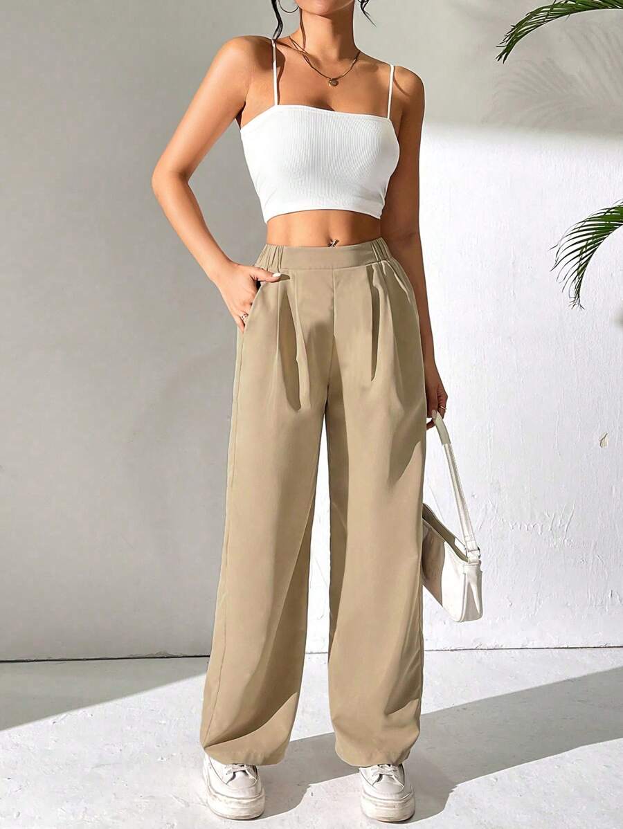 SHEIN PETITE Quần ống rộng lưng cao nữ chi tiết xếp ly - màu nâu - Xem 1