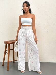 SHEIN Privé Women's Summer Elegant, Floral Printed, Pleated High Waisted Long Pants, Perfect For Daily Wearing, Vacation, Party, Music Festival And Ins