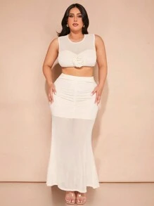SHEIN BAE Plus Size Women's Beige Summer Sweet Vacation Three-Dimensional Flower Multi-Decoration Partial See-Through Vest Long Skirt Two-Piece Set