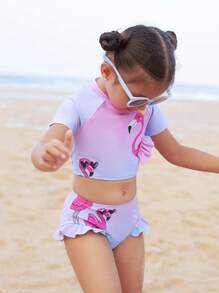 Young Girl Flamingo Pattern Tankini Swimwear Set With Separated Briefs - Multicolor - View 3