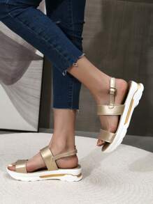 Women's Size 43 Sandals, European And American Style Thong Sandals With Thick Sole, Buckle Strap, Platform Wedge Heel Sandals - Gold - View 7