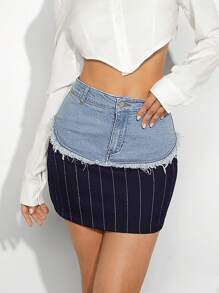 Denimoi Pinstripe Mixed Media Denim Skirt - Light Wash - View 1