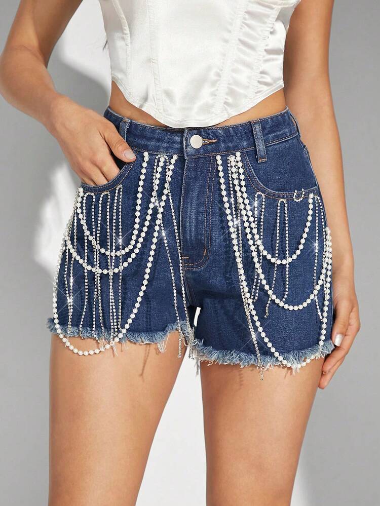 Fashion Beads & Rhinestone Fringe Embellished Frayed Denim Shorts