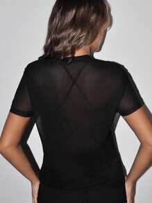 SHEIN ICON 網眼透視短袖Y2K眼睛平面T恤連衣裙音樂會黑色上衣，熱固型點飾，適用於春夏休閒風格 - 黑色 - 查看 2