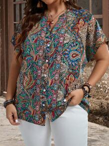 EMERY ROSE Plus Size Women's Bohemian Style Printed Button Embellished  Short Sleeve Shirt For Spring And Summer