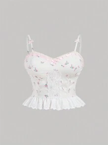 SHEIN MOD Camisola de encaje con estampado floral pequeño y contrastante y ribete con volantes para tallas grandes de verano