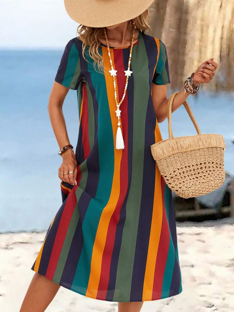 Vestido casual con bloques de color y rayas para vacaciones en la playa