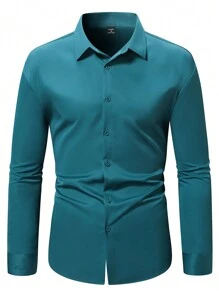 Manfinity Mode Men's Solid Color Long Sleeve Shirt With Embroidered Cuffs, For Fall - Teal Blue - View 3