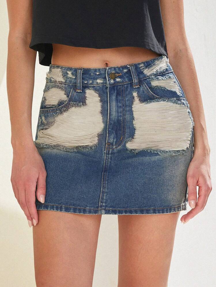 Y2K Vintage Washed Distressed Cutout Mini Denim Skirt