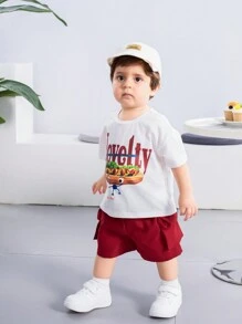 SHEIN Baby Boy Or Baby Girl Cartoon Animal Pattern Soft Knit Round Neck Short Sleeve Top And Solid Color Shorts 2pcs/Set