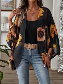 EMERY ROSE Women's Summer Holiday Casual Solid Color Sunflower Printed Kimono Cover Up