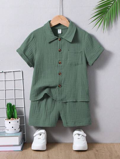 SHEIN Mirajuku 2pcs Set Young Boy Casual Minimalist Collegiate Cotton Short Sleeve Shirt And Shorts, Suitable For Daily Wear, School, Outings, Getaway, Holiday, Travel, Relax, Sunbathing, Spring/Summer Summer Holiday