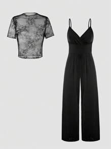 SHEIN Unity Conjunto de camisola de encaje transparente y mono para mujer, uso diario simple en unicolor