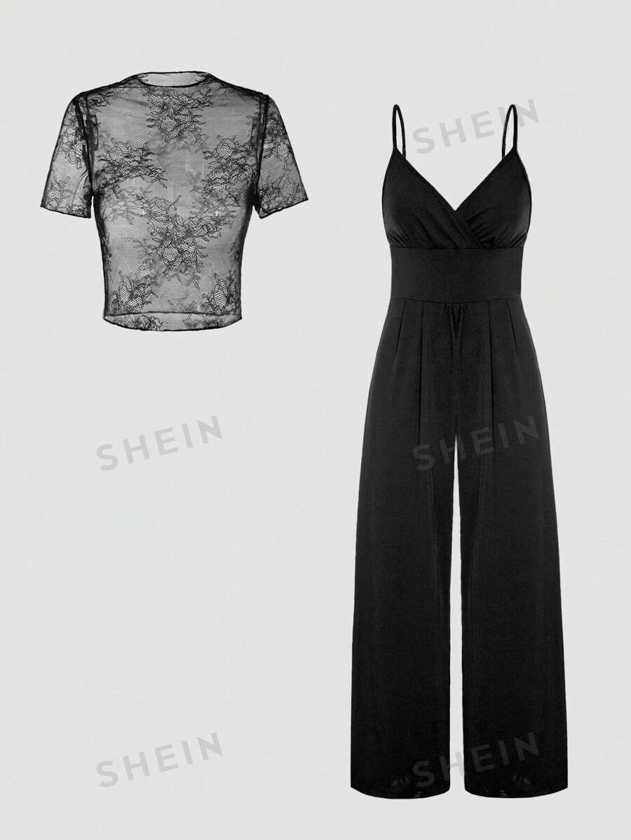 SHEIN Unity Conjunto de camisola de encaje transparente y mono para mujer, uso diario simple en unicolor
