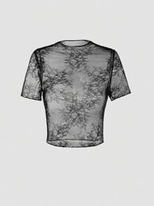 SHEIN Unity Conjunto de camisola de encaje transparente y mono para mujer, uso diario simple en unicolor