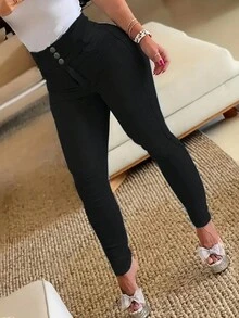 Jeans skinny a vita alta stretti da donna con tre bottoni - nero - Visualizzare 5
