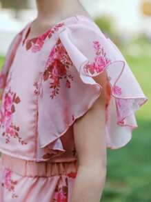 SHEIN Kleine Mädchen Elegantes Hochzeitssaison-Set mit Rüschensaum, Blumen-Chiffon-Top und weitem Hose, geeignet für Feste, Partys und Urlaube, Sommer