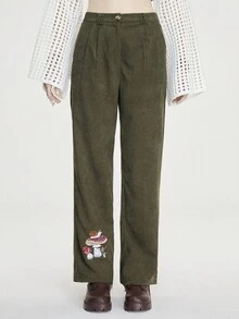 ROMWE Fairycore Casual Corduroy Pants With Mushroom And Snail Embroidery - Army Green - View 6
