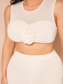 SHEIN BAE Plus Size Women's Beige Summer Sweet Vacation Three-Dimensional Flower Multi-Decoration Partial See-Through Vest Long Skirt Two-Piece Set