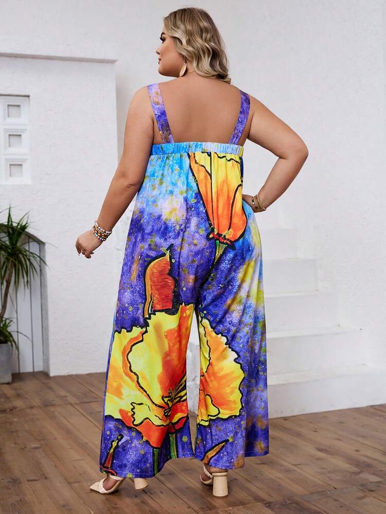 Plus Size Women's Floral Print Wide Leg Jumpsuit With Pockets And Spaghetti Straps For Summer Holiday