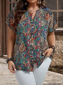 EMERY ROSE Plus Size Women's Bohemian Style Printed Button Embellished  Short Sleeve Shirt For Spring And Summer