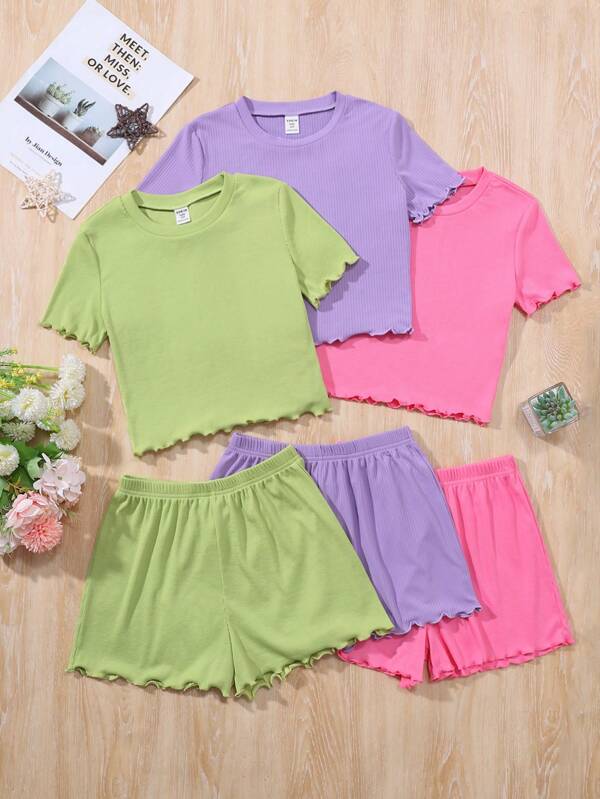 3 piezas/conjunto Ropa de vacaciones informal para niña preadolescente, con top de cuello redondo de punto de unicolor y shorts