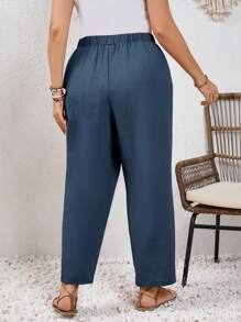 SHEIN Frenchy Quần vải lanh cỡ lớn, quần dài cạp cao màu sắc kỳ nghỉ có dây buộc phía trước - Màu xanh hải quân - Xem 4