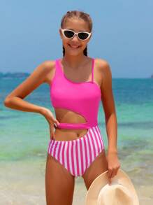 少女条纹印花高开镂空连体泳衣，下摆不对称