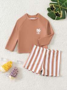 Stylish Baby Boys' Coconut Tree Printed Long Sleeve Rash Guard And Plaid Swim Trunk Set